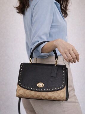 Coach Black & Tan Signature Studded Top-Handle Satchel